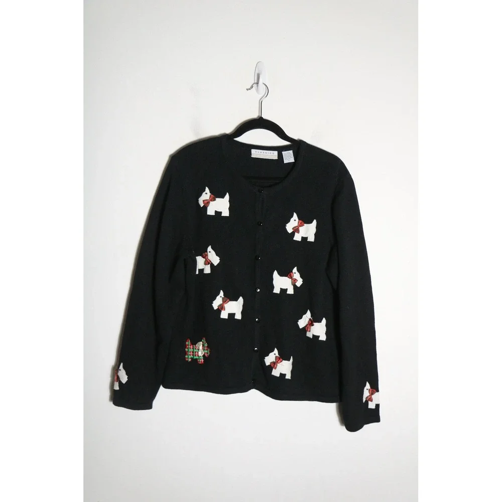 Vintage 90s Classics Scottie Dog Novelty Cardigan Large Black Christmas Preppy